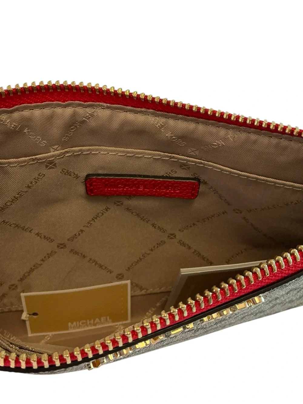 Michael Kors Large Zip Clutch Wristlet Jet Set MK Logo Natural/Acorn Beige/Red